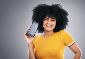 Wall Mural - portrait, phone screen or woman on studio mockup for social media, search or sign up service on grey