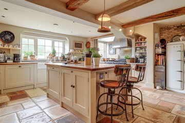 A charming breakfast bar with stools overlooking a bustling kitchen.