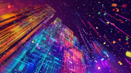 Canvas Print - A building filled with futuristic technology. In the background are colorful stars streaking across the night sky