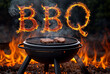 Text word BBQ made up of flame fire above low mesh grill with beef steaks cooking on it on dark smoky background