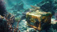 A Box Of Gold Lies On A Rocky Beach In The Ocean. The Box Is Surrounded By Seaweed And Rocks. It Feels Like It's Been Lost Or Abandoned. This Scene Is Quiet.