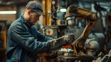 Fototapeta  - Factory maintenance engineer working with old defected robotic arm in maintenance workshop