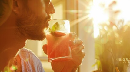 Wall Mural - A man is drinking a glass of watermelon