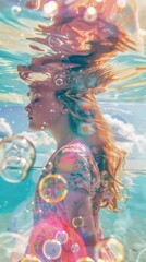 Sticker - A woman in a dress is under water with bubbles