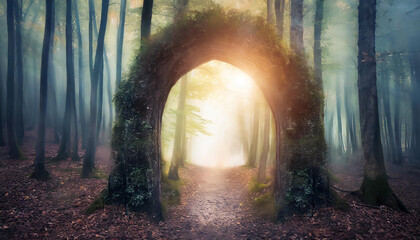 Wall Mural - Abstract portal to mystic forest. Surreal dark scenery. Magic teleport.