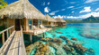 Tropical Paradise, Overwater bungalows with thatched roofs in a turquoise lagoon, Bora Bora.