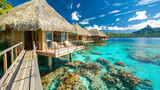 Fototapeta  - Tropical Paradise, Overwater bungalows with thatched roofs in a turquoise lagoon, Bora Bora.