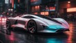 A futuristic brand-less generic concept Sports car on the road in the city at night with a long exposure