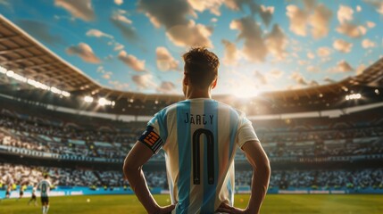 Wall Mural - photograph of a soccer player wearing a t-shirt playing soccer back view, stadium