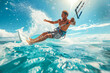 Adventurous Surfer: Captivating Shots of a Handsome Man Kitesurfing in the Ocean