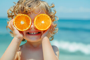 Joyful kid playing with orange halves on beach, embodying summer fun and vacation vibes.