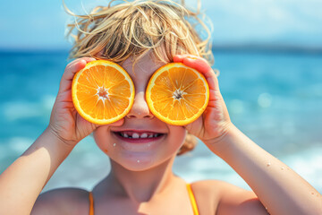 Joyful kid playing with fruit slices on sandy shore, summertime joy captured in a snapshot.