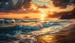 Sunset over a turbulent sea, waves crash, sky ablaze with orange, yellow, blue hues, distant island silhouette. Generative Ai