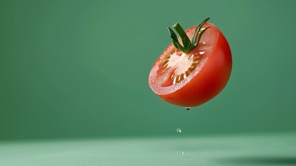 Fresh ripe tomato halved on green backdrop, floating in mid air for a vibrant food concept