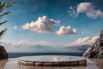 Wall Mural - Product packaging mockup photo of Product presentation podium with a stone plinth in the middle cloud and views of the sea clouds., studio advertising photoshoot