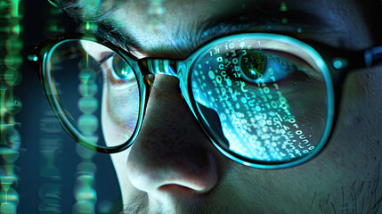 Closeup of male face in glasses looking at screen with digital code
