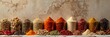 Assortment of Various Spices in Jars on Marble Countertop with Copy Space for Text