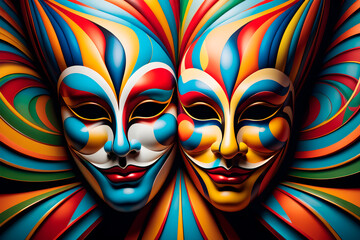 Wall Mural - An Abstract    Pulcinella of Carnival Masks     of intertwining line photo, Bauta  Masks used as artwork, hanging paintings, wallpaper Illustration