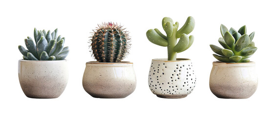 collection Set of 4 different mixed cactus and succulents types of small mini plant in modern ceramic nordic vase pot as furniture cutouts isolated on transparent background