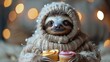 A sloth in a cozy sweater, slowly enjoying the birthday festivities in the style of stock photo image