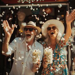 Mature positive couple enjoys summer time eating popcorn and laughing. Outside fun moments.