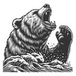 bear roaring amidst foliage, a detailed work showcasing wild nature strength sketch engraving generative ai vector illustration. Scratch board imitation. Black and white image.