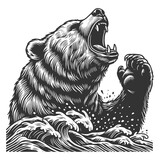 Fototapeta Dinusie - bear roaring amidst foliage, a detailed work showcasing wild nature strength sketch engraving generative ai vector illustration. Scratch board imitation. Black and white image.