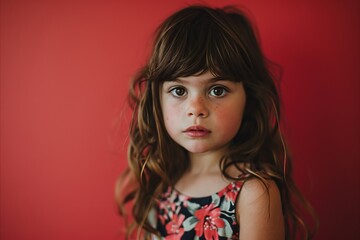 Wall Mural - portrait of a little girl with long curly hair on a red background