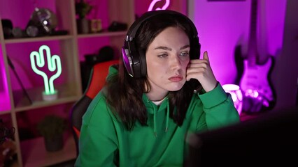 Poster - Pensive woman with headphones in neon-lit gaming room looking at screen