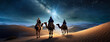 Silhouettes of the Magi riding their camels against the backdrop of a dazzling night sky, their path lit by a singular Nativity Star. Epiphany celebrated on Three Kings Day.