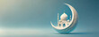 A crescent moon cradles a mosque in this serene Ramadan scene. Peaceful essence of Eid al-Fitr against a tranquil blue sky. Panorama with copy space. Banner.