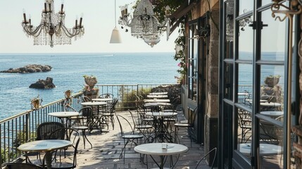 Poster - A patio with tables and chairs overlooking the ocean