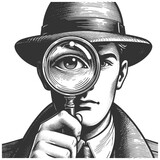 Fototapeta Dinusie - detective with a magnifying glass, focusing intently on a clue sketch engraving generative ai fictional character vector illustration. Scratch board imitation. Black and white image.