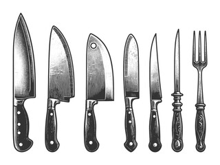 set of four chef knives with varying blade shapes and handle designs sketch engraving generative ai vector illustration. Scratch board imitation. Black and white image.