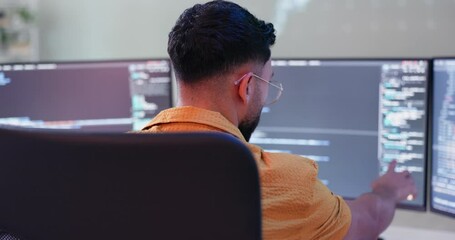 Wall Mural - Office, man and employee in computer with coding as data analyst for programming or digital transformation. Worker, programmer and pc to analyze statistics or information with technology development