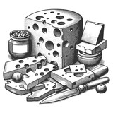 Fototapeta Dinusie - cheese assortment, featuring a large wheel, slices, and a cheese knife sketch engraving generative ai fictional character vector illustration. Scratch board imitation. Black and white image.