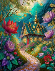 Wall Mural - Art floral garden with fairy house