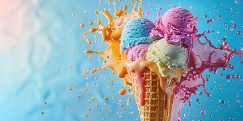 Wall Mural - Beautiful dessert background with multi-colored melting fruit or berry ice cream in a waffle cone on a background of splash, ice cream, yogurt. Beautiful advertising background. Banner. Copy space