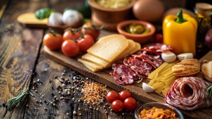 Wall Mural - A wooden cutting board with various types of food on it, AI