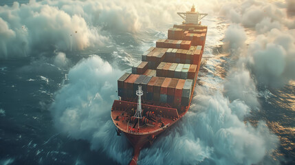 Wall Mural - close shot of container ship is flying in air with clouds like sea waves  