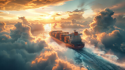 Wall Mural - close shot of container ship is flying in air with clouds like sea waves  