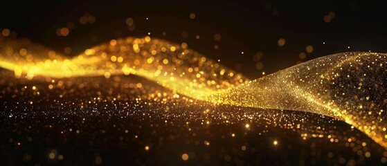 Wall Mural - Gold band of particules on black background.. Luxury golden wave of lights, sparks, elegant fluid data transfer technology, bokeh gold swirl on black background. Card for luxury greetings.