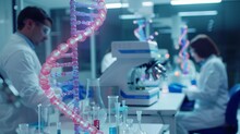 Crisp Laboratory With Futuristic Biotech Equipment, Vibrant DNA Strands In Focus, Scientists At Work, Conveying Innovation Ar 169