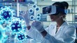 Scientist in a virtual reality interface manipulating 3D models of viruses for vaccine research, futuristic lab setting