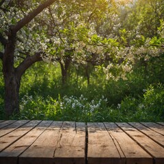 Spring beautiful background with green lush young foliage and flowering branches with an empty wooden table on nature outdoors in sunlight in garden.