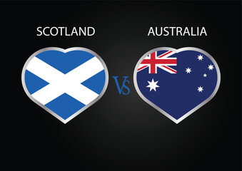Scotland Vs Australia, Cricket Match concept with creative illustration of participant countries flag Batsman and Hearts isolated on black background