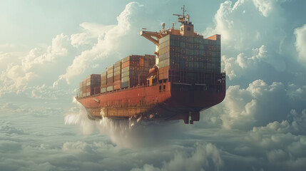 Wall Mural - close shot of container ship is flying in air with clouds like sea waves  