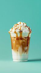 Wall Mural - Iced caramel macchiato isolated on pastel blue background