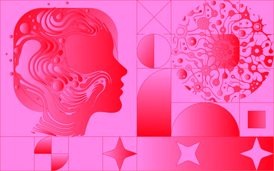 Aufkleber - Brutalist collage with geometric elements and illustration of human head in bold bright pink and red colors.
