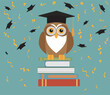 Owl in graduation cap sitting on stack of books on  background of confetti and flying academic caps. Vector illustration.